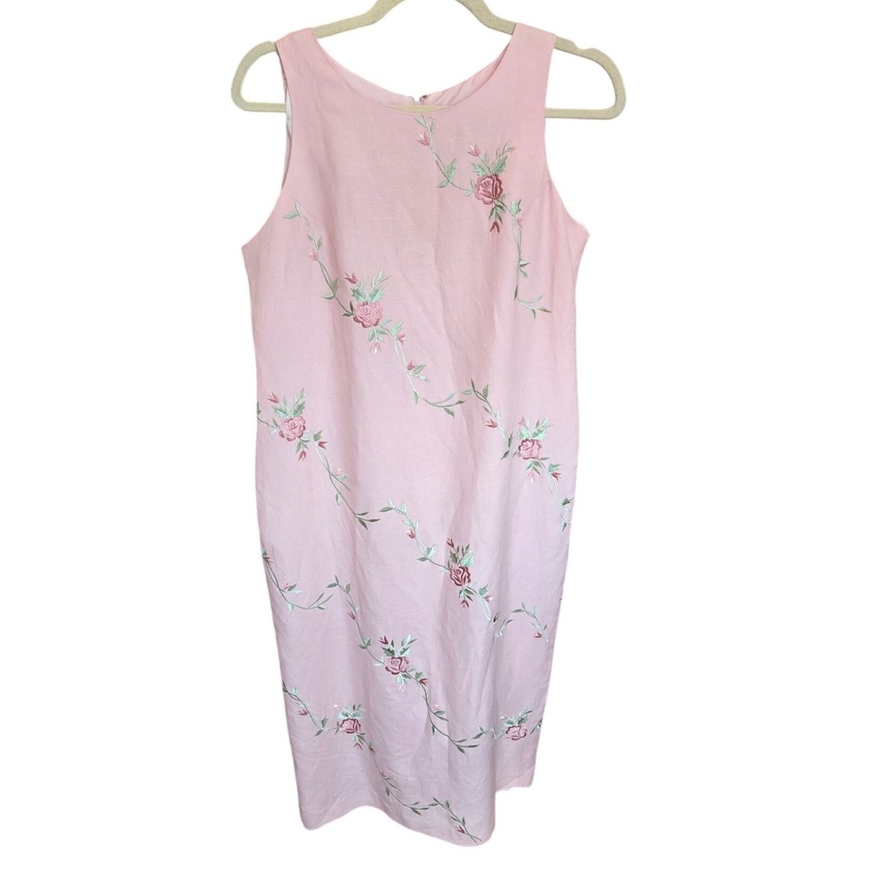 Plaza South Sleeveless Dress Linen Shift Midi Size 10 Floral‎ Pink Embroidered